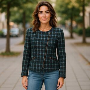 Lucky Brand Collection Size L Tweed Moto Blazer Jacket Teal Blue Black Zip Up